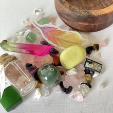 Load image into Gallery viewer, crystal confetti rainbow aura point yellow calcite green aventurine rose quartz