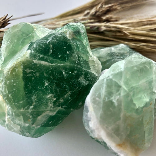 Raw green fluorite crystals
