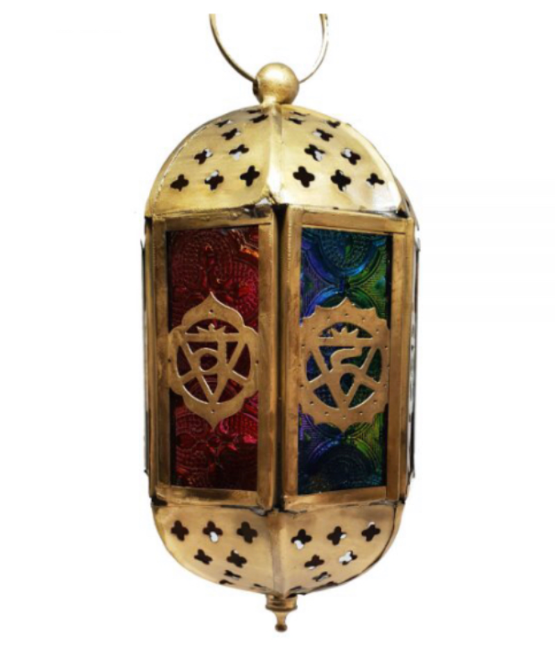hanging lantern with multi coloured glass panels with chakra symbols